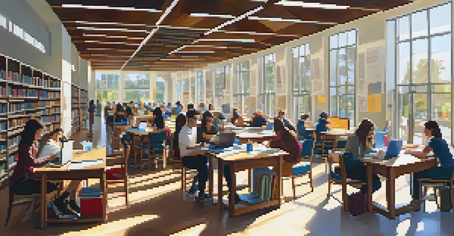 A cozy college library in Redwood City with students studying at tables, sunlight streaming through windows.