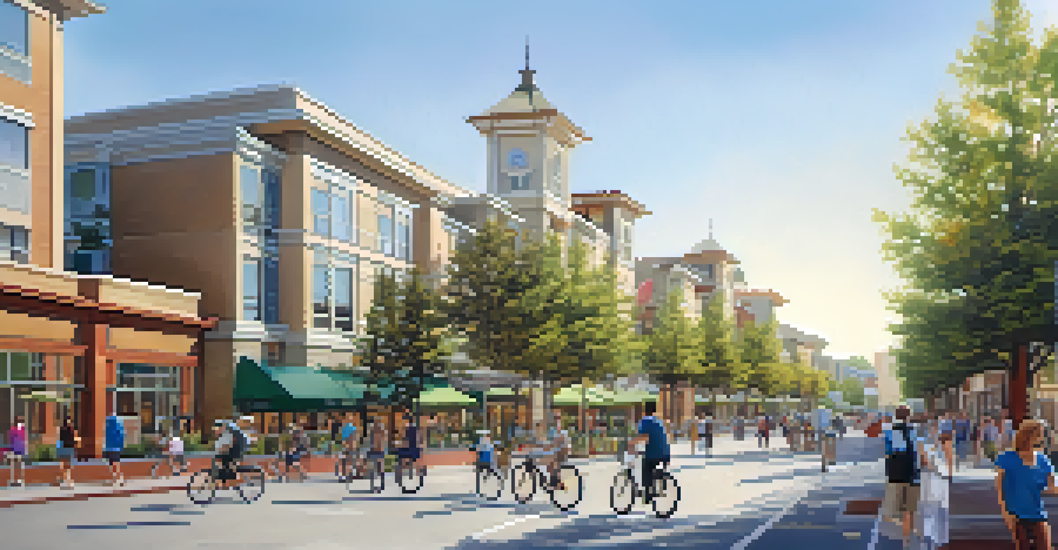A scene of mixed-use urban development in Redwood City with eco-friendly buildings and people enjoying the outdoors.