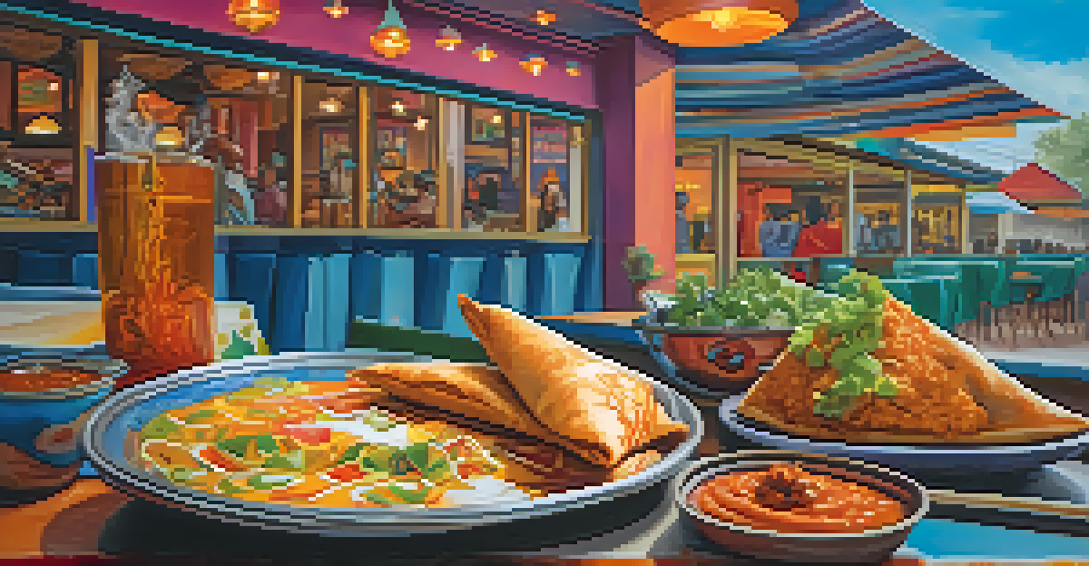 An Indian street food restaurant scene showcasing a deconstructed samosa and tikka masala burrito with colorful decor.