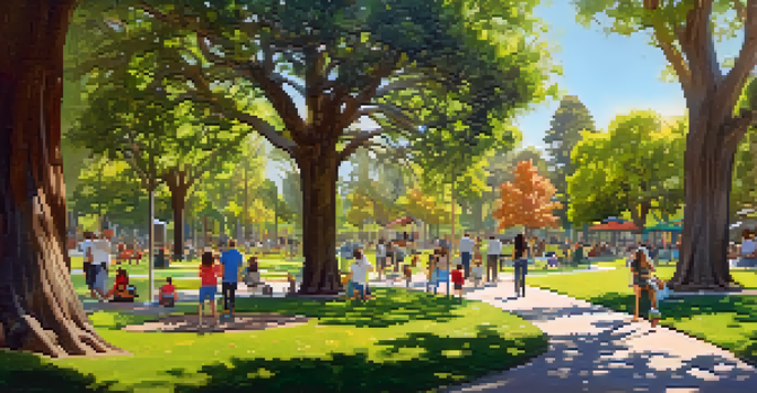 A lively community park filled with diverse people enjoying nature, colorful flowers, and children playing under the sunlight.