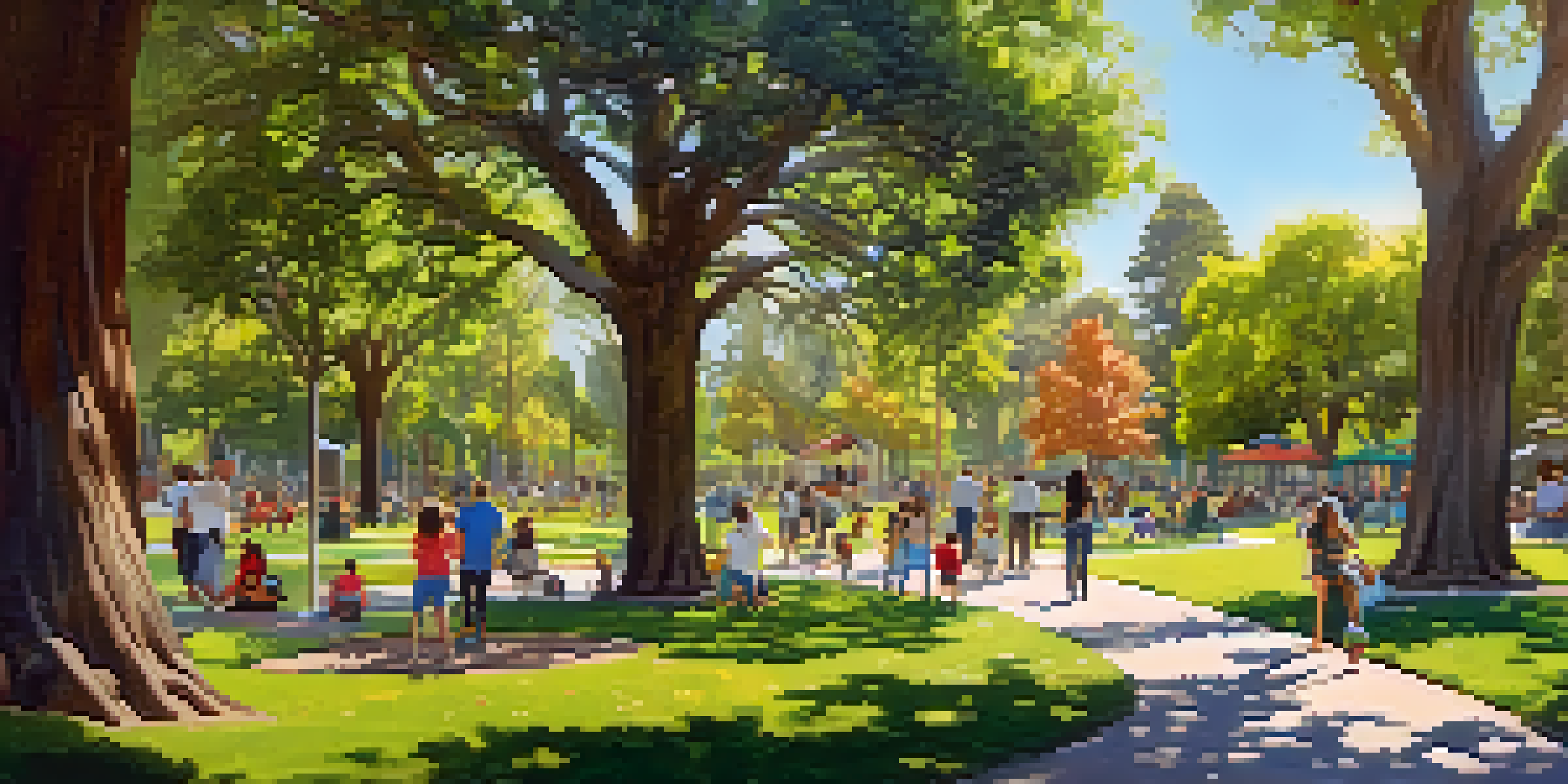 A lively community park filled with diverse people enjoying nature, colorful flowers, and children playing under the sunlight.