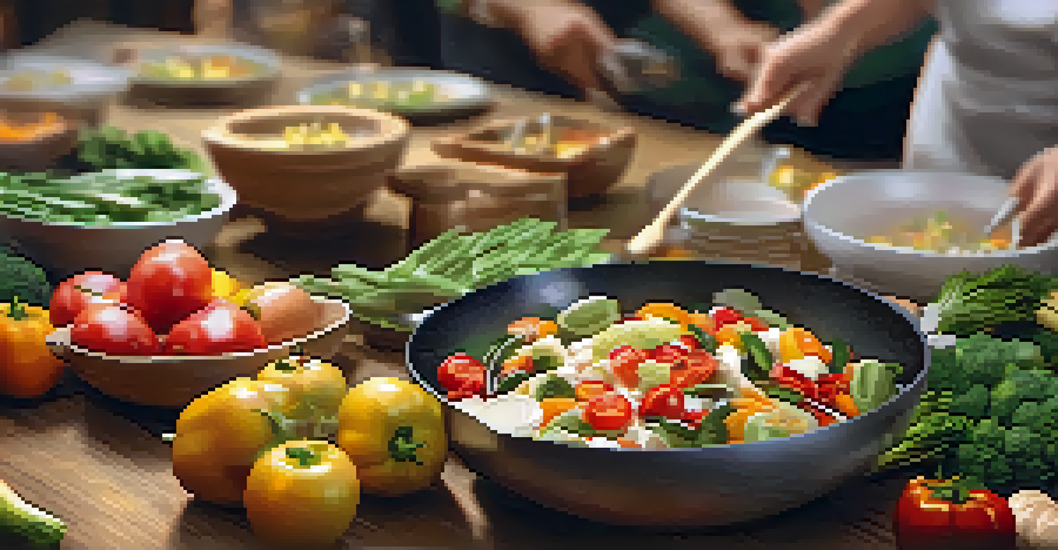 A chef demonstrating cooking techniques with fresh vegetables and fruits in a community cooking class, showcasing a warm and inviting atmosphere.