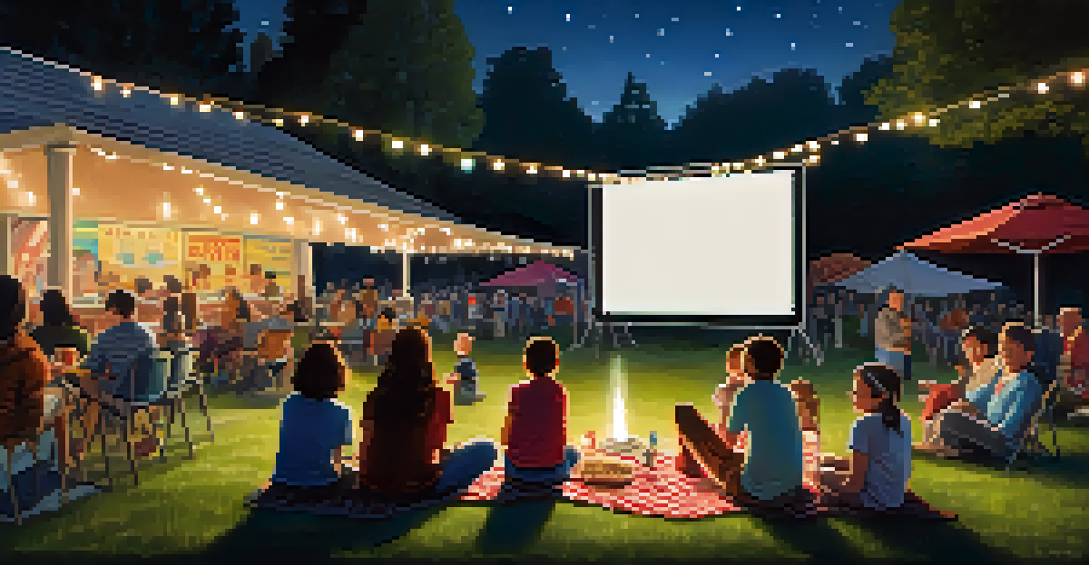 Families enjoying an outdoor movie night in a park, with children on blankets and a large screen displaying a film under the stars.