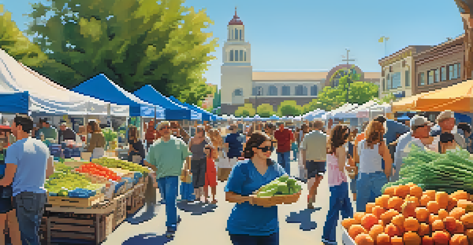 A lively outdoor farmers' market in Redwood City with colorful stalls and people enjoying the atmosphere.