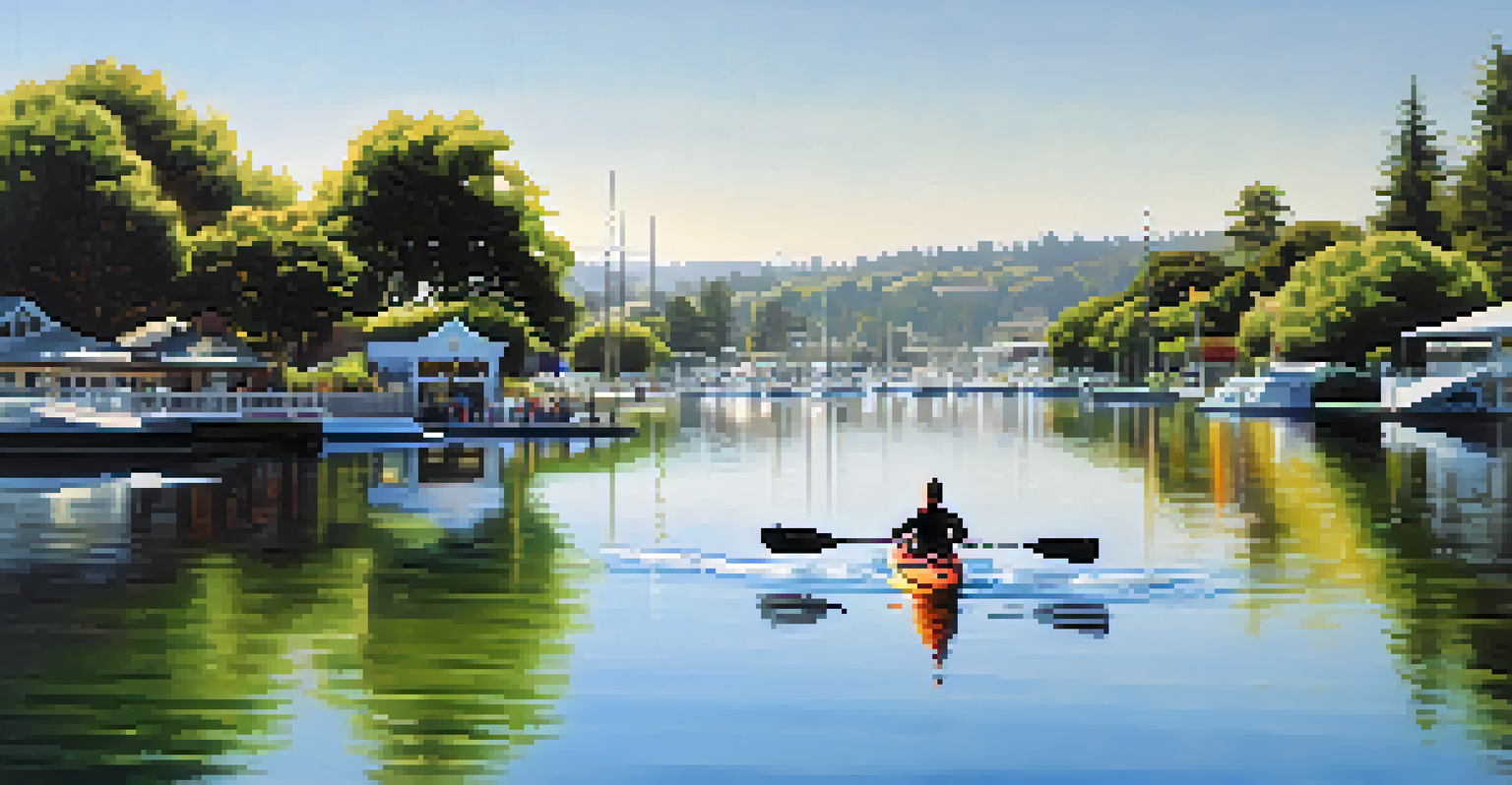 A kayaker paddling on the calm waters of Redwood City, surrounded by greenery and the lively scene of waterfront parks.