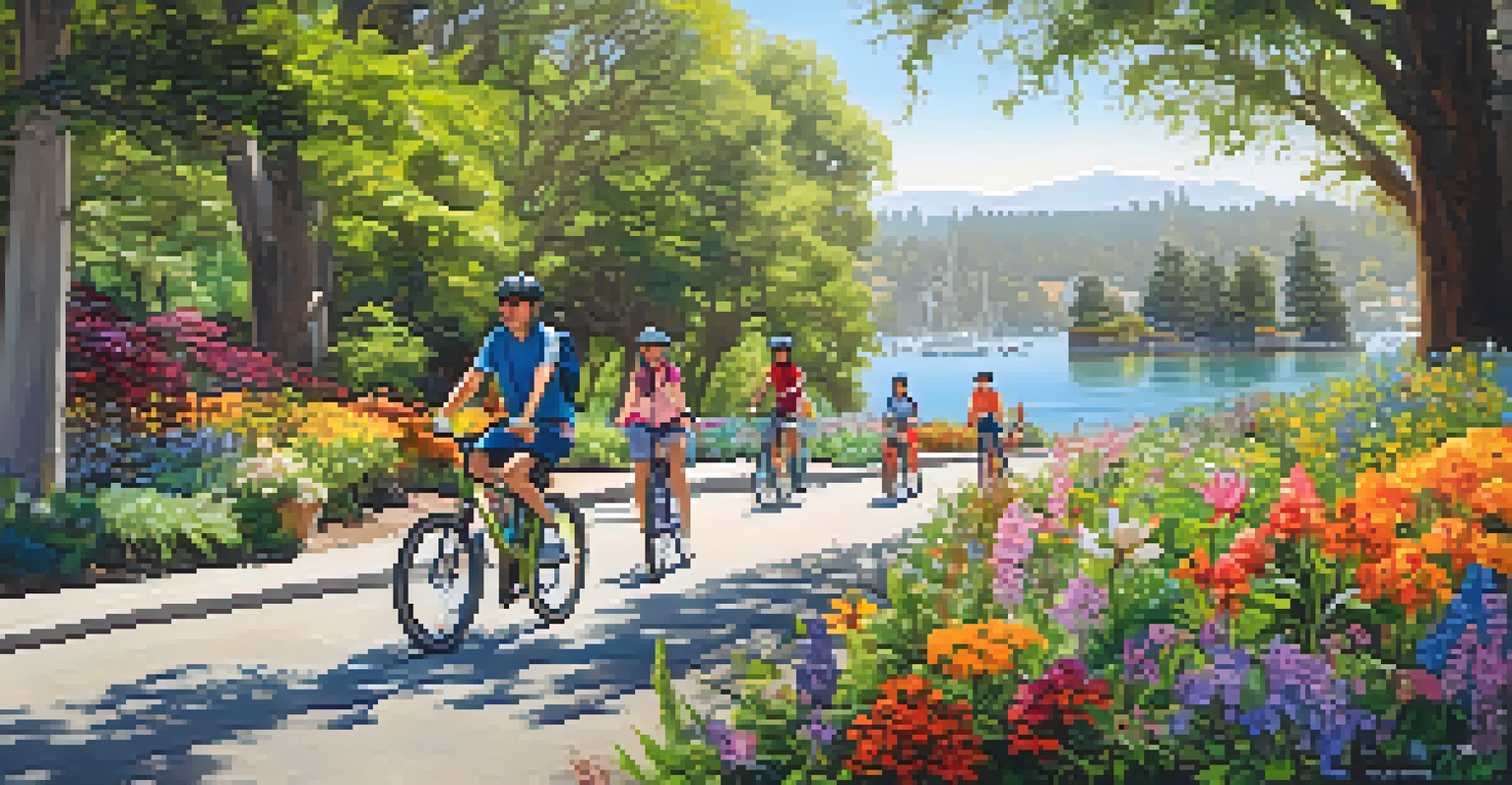 Cyclists riding along a scenic waterfront path in Redwood City, surrounded by greenery and flowers.