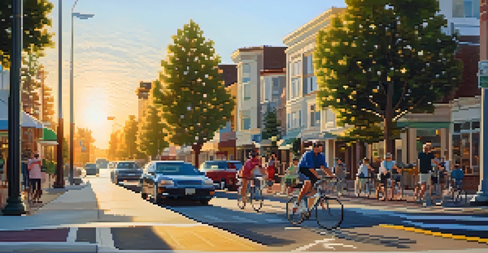A busy city street in Redwood City with people walking, cyclists on bike lanes, and cars on the road, under a sunset sky.