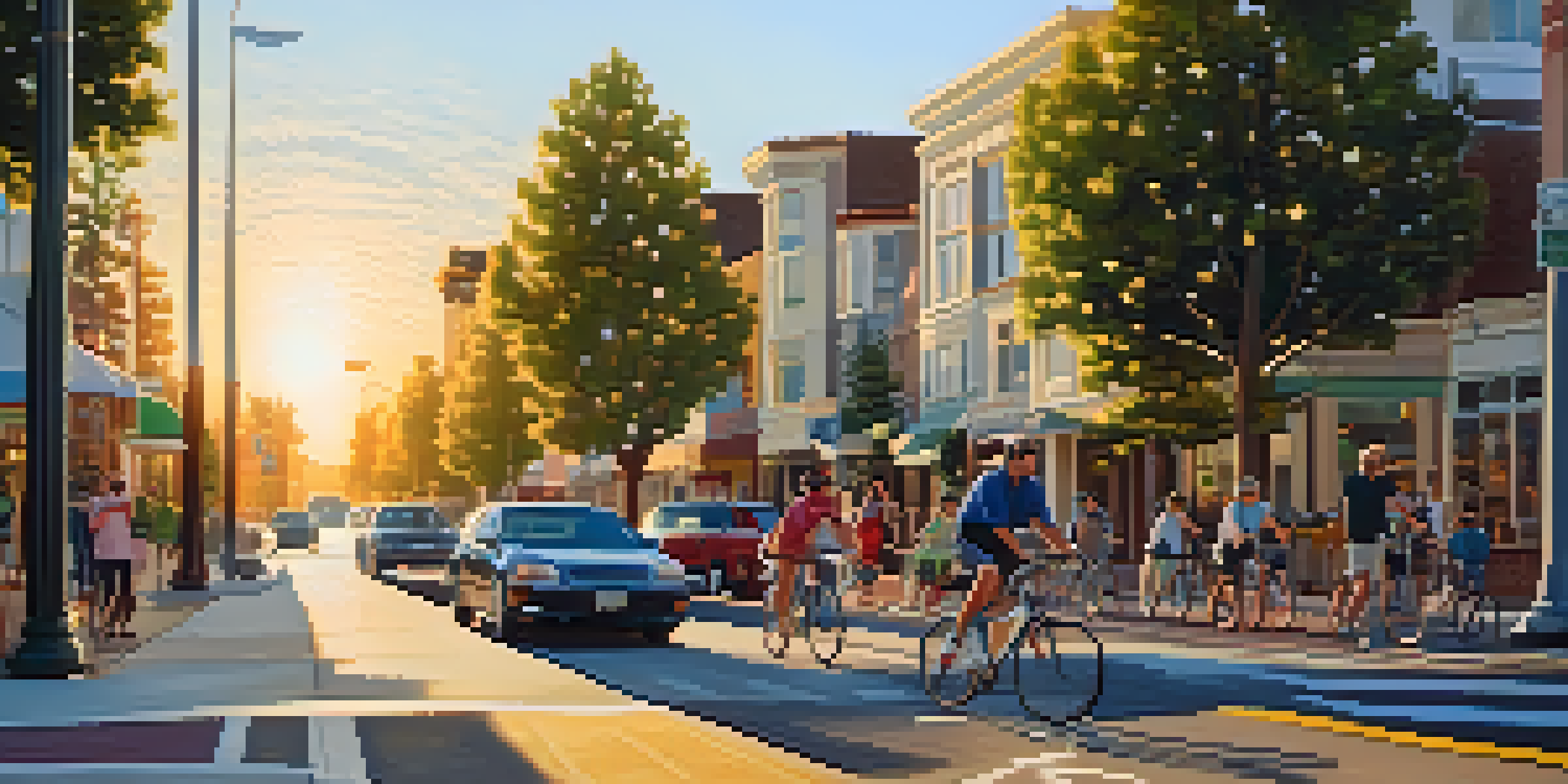 A busy city street in Redwood City with people walking, cyclists on bike lanes, and cars on the road, under a sunset sky.