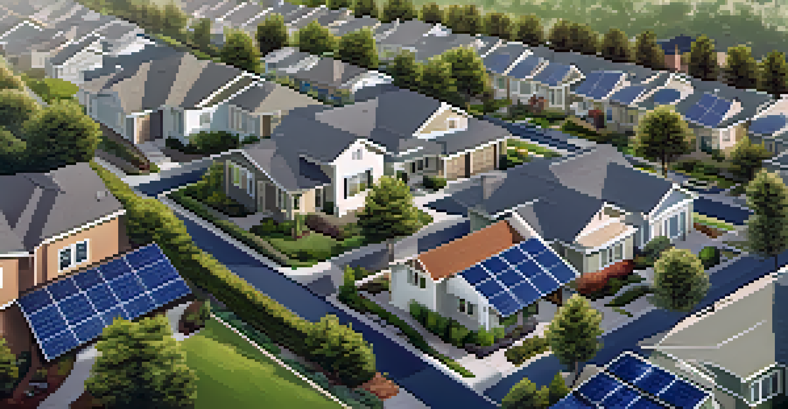 Aerial view of a neighborhood with homes featuring solar panels and electric vehicle chargers in driveways.