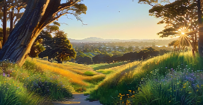 A wide view of Edgewood Park featuring green grasslands, woodlands, and colorful flowers under a golden sunset sky.