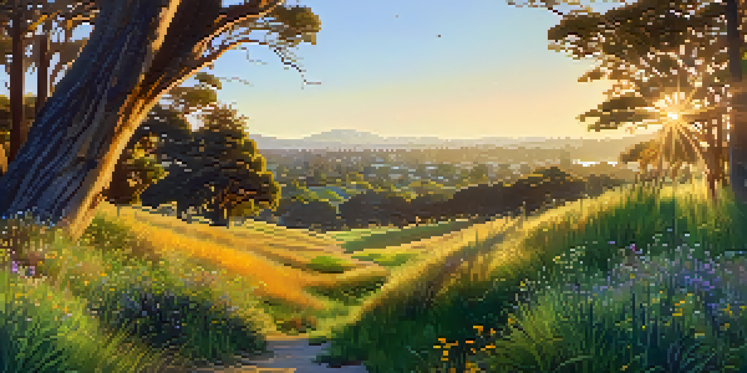 A wide view of Edgewood Park featuring green grasslands, woodlands, and colorful flowers under a golden sunset sky.