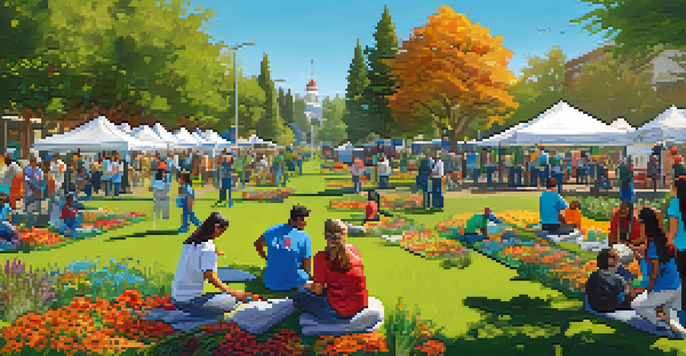 A diverse group of volunteers planting trees in a park during a community event, with a festival atmosphere in the background.