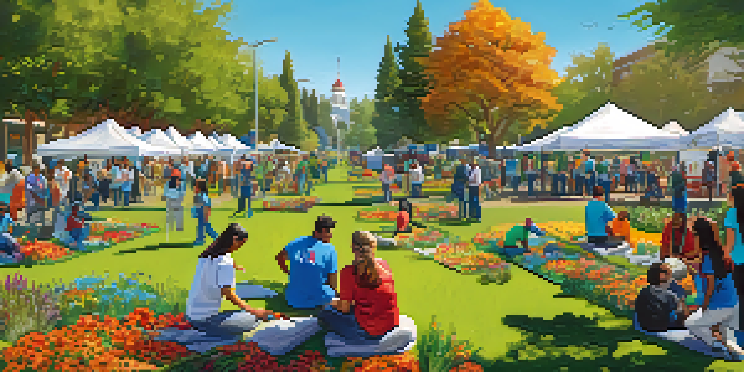 A diverse group of volunteers planting trees in a park during a community event, with a festival atmosphere in the background.