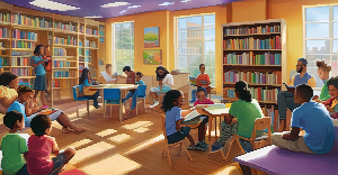 A lively community library scene with children reading with volunteers and adults discussing books in a cozy area.