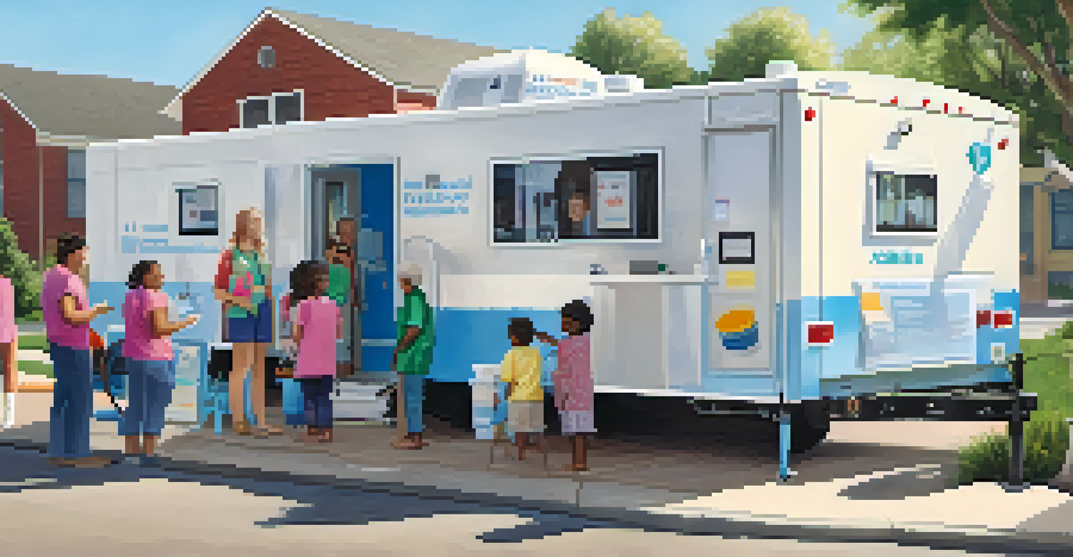 A mobile health clinic providing services to a diverse neighborhood, with residents lining up for screenings and vaccinations.