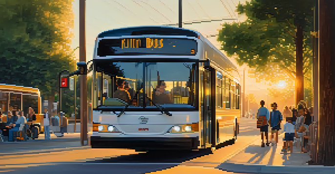 A modern electric bus on a quiet tree-lined street during sunset, with people waiting at the bus stop.