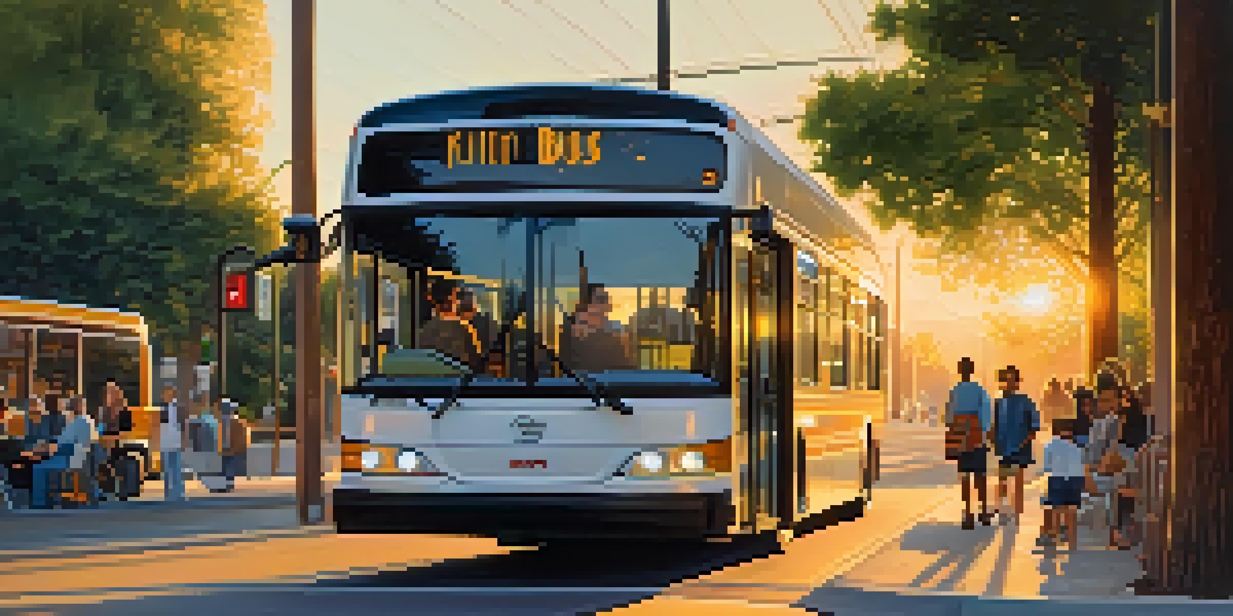 A modern electric bus on a quiet tree-lined street during sunset, with people waiting at the bus stop.