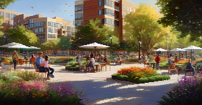 A lively urban park filled with greenery, flowers, and families engaging in outdoor activities, under warm sunlight.