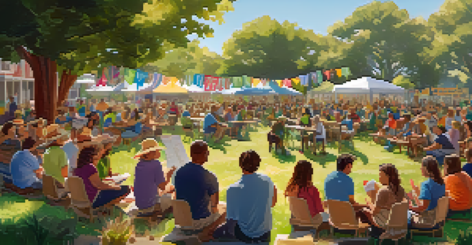 A community water conservation workshop with diverse residents working with drought-resistant plants under sunlight.