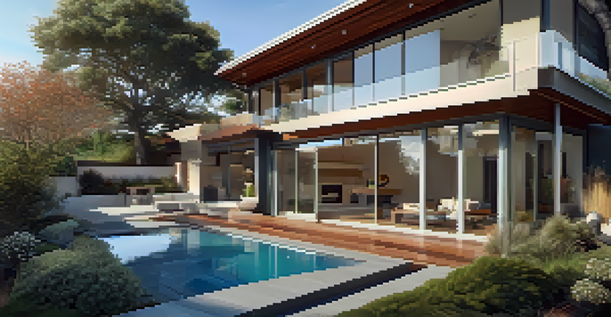 A modern luxury home with large windows and a landscaped garden under a clear blue sky.