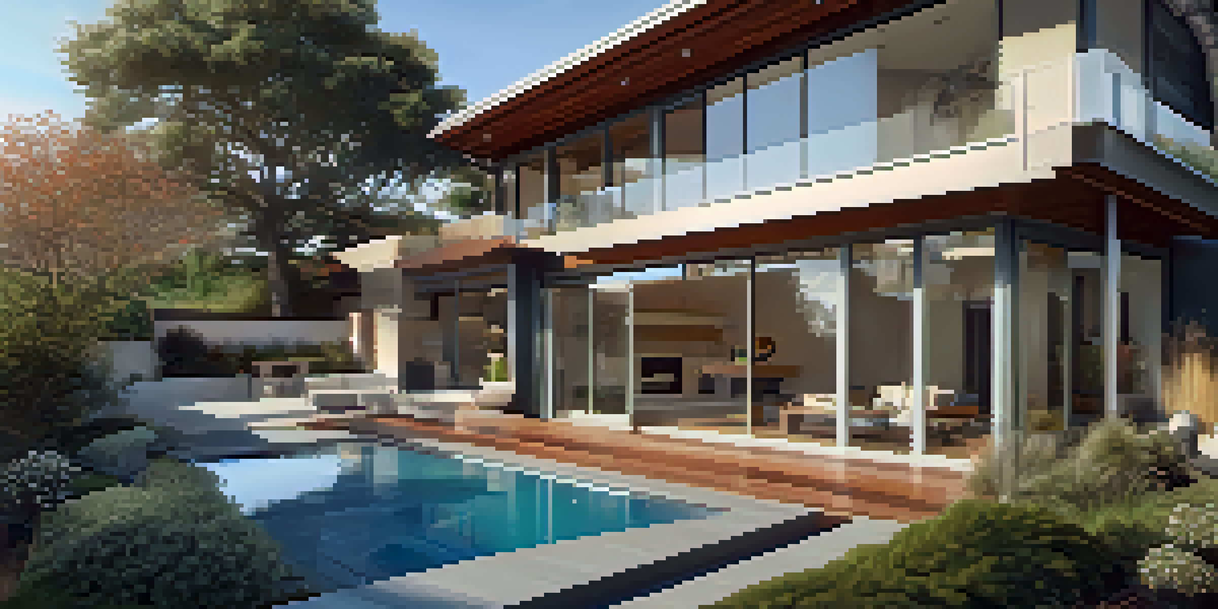 A modern luxury home with large windows and a landscaped garden under a clear blue sky.