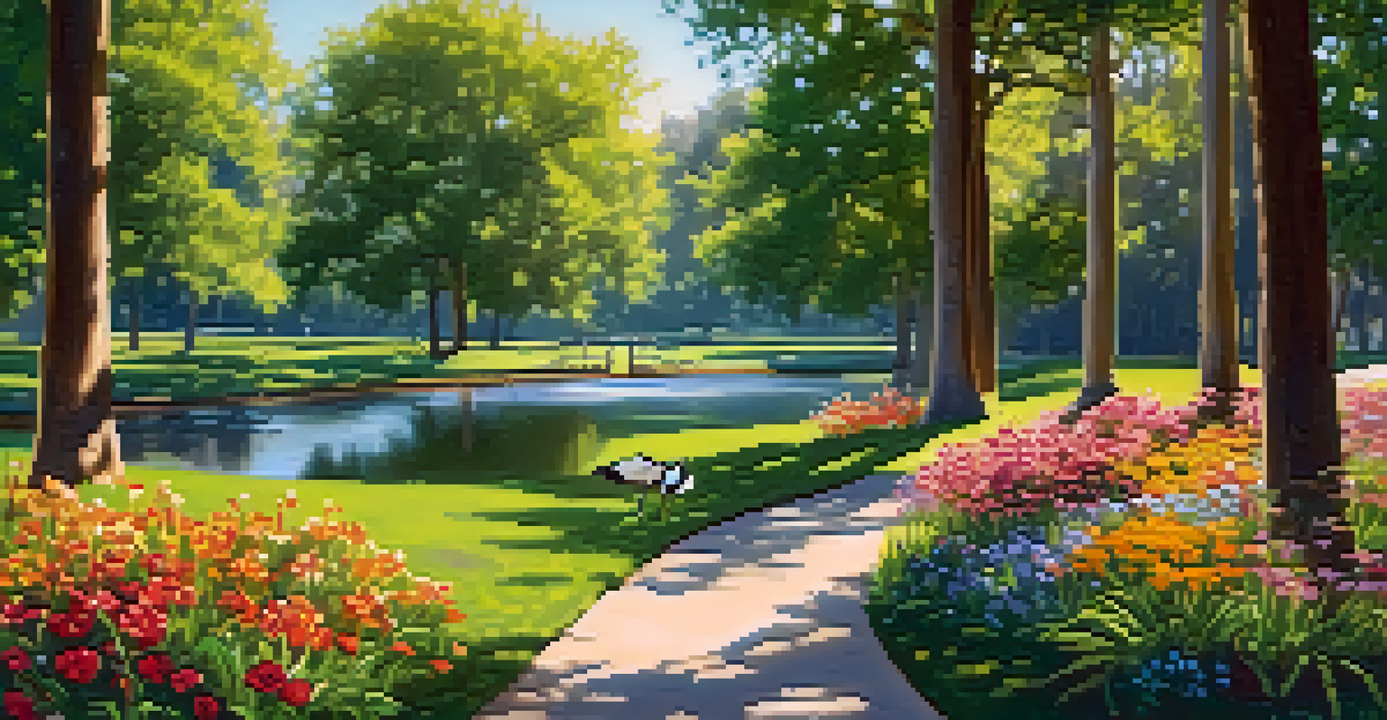 A peaceful walking path in Madera Park, lined with flowers and a small pond with ducks, illuminated by sunlight filtering through the trees.
