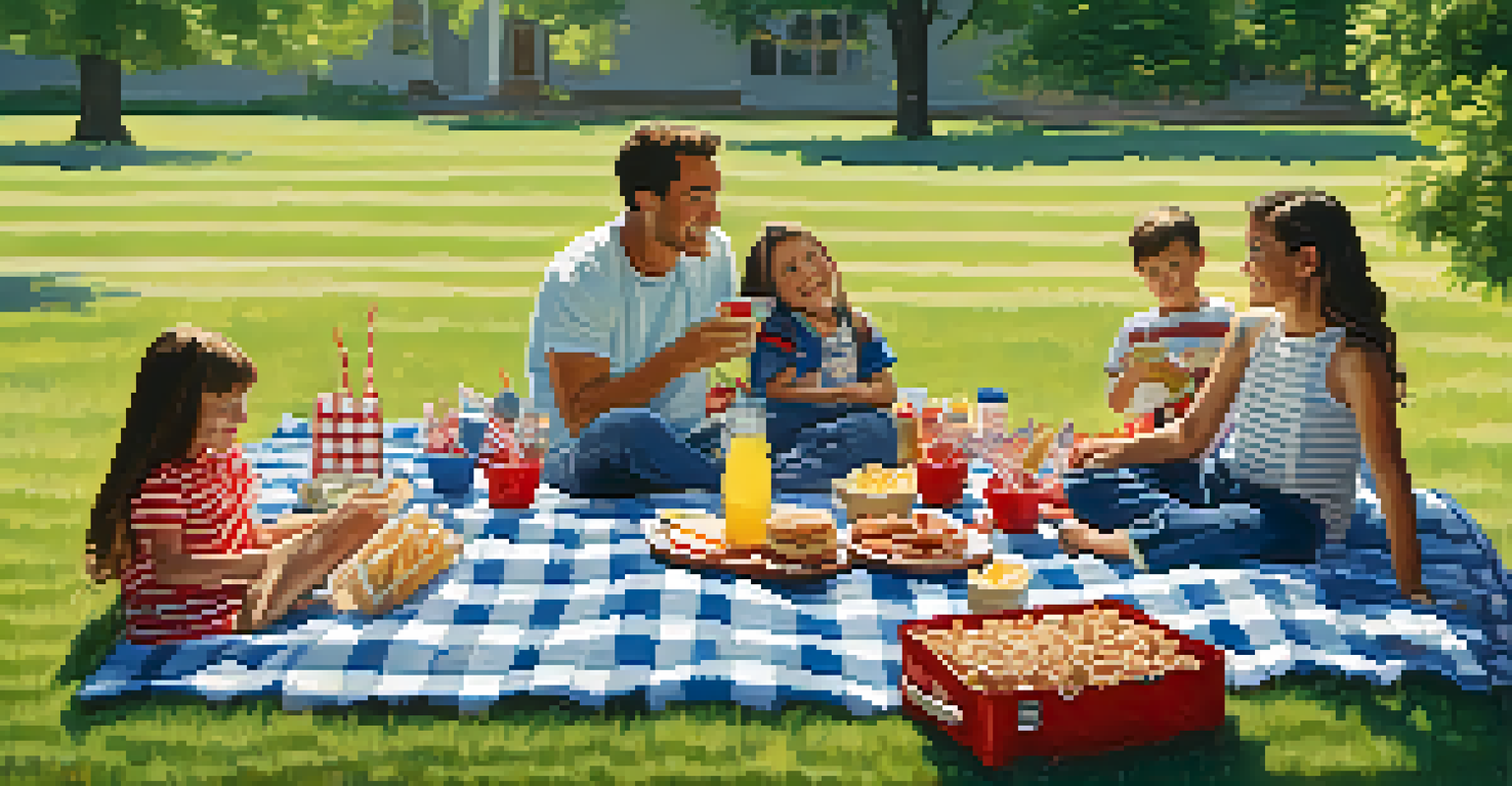 A family enjoying a picnic during Fourth of July, with snacks and children playing in a festive atmosphere.