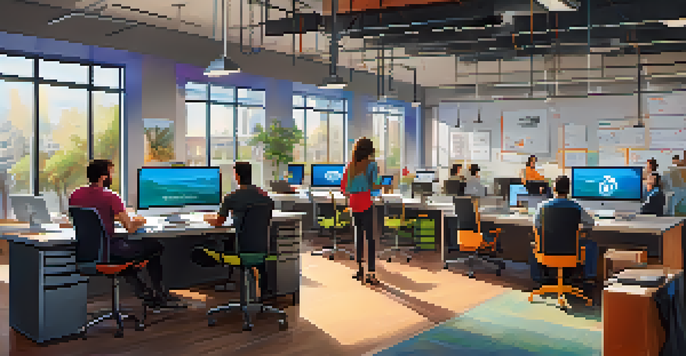 A modern tech startup office with professionals collaborating over laptops, bright colors, and a whiteboard filled with ideas.