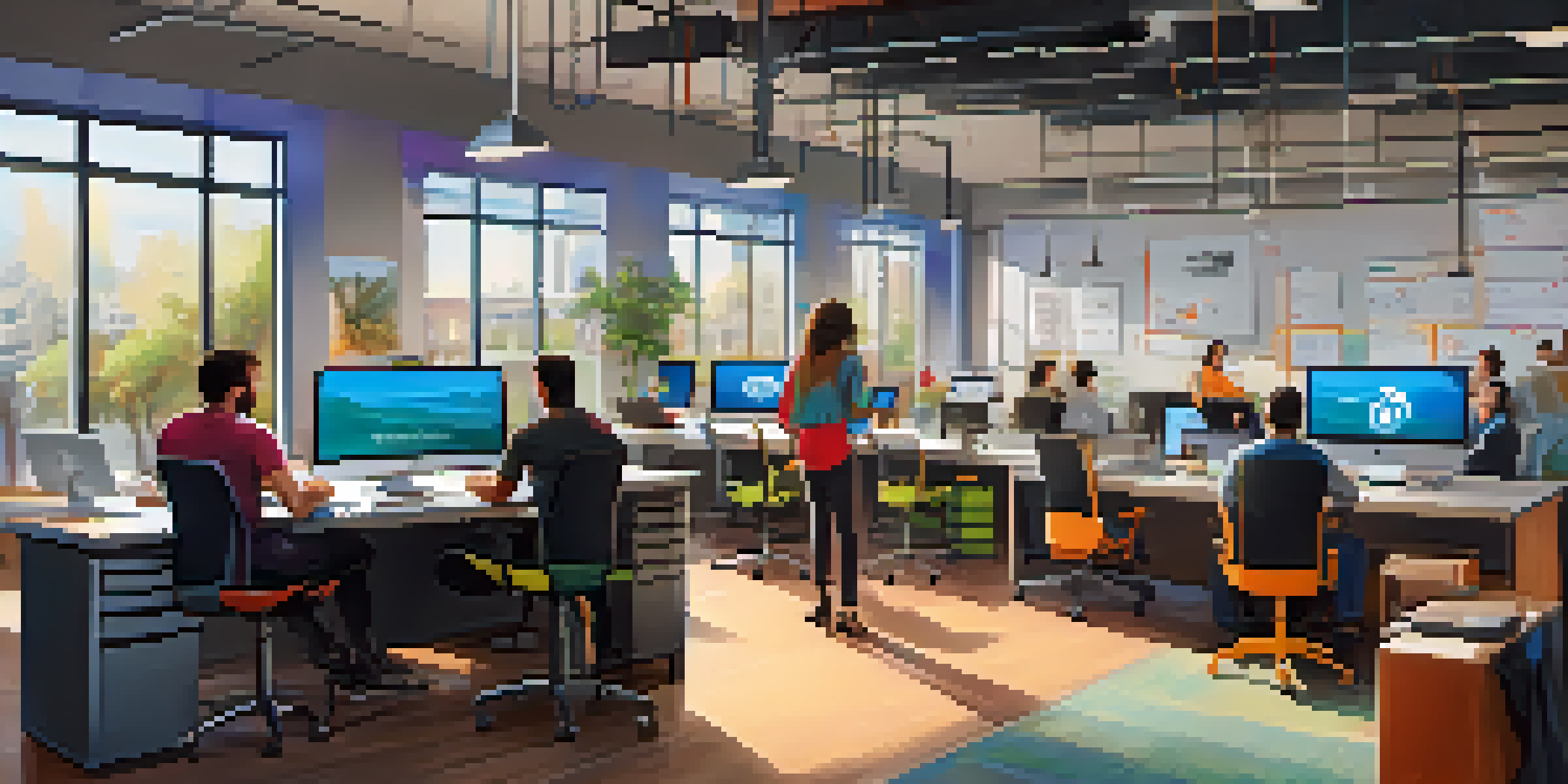 A modern tech startup office with professionals collaborating over laptops, bright colors, and a whiteboard filled with ideas.