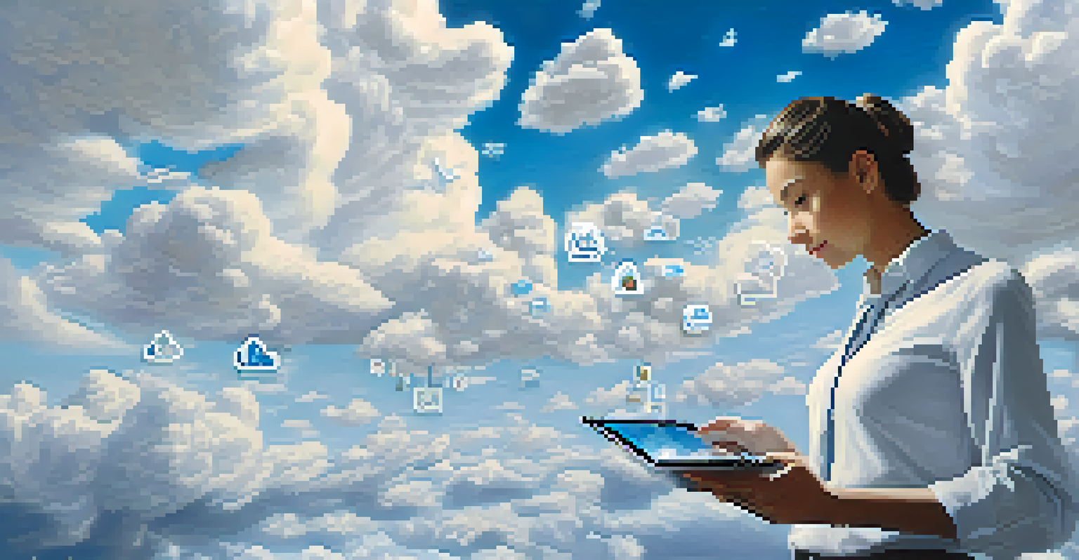 A professional looking at a tablet with cloud icons against a serene sky filled with fluffy clouds and digital data streams.
