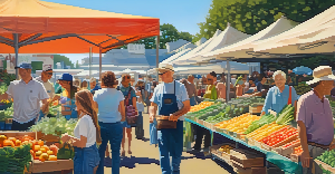 A lively farmers' market with colorful stalls of fresh produce and happy vendors in Redwood City.