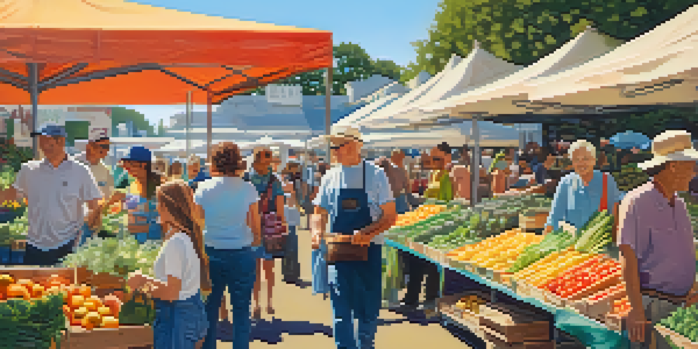 A lively farmers' market with colorful stalls of fresh produce and happy vendors in Redwood City.
