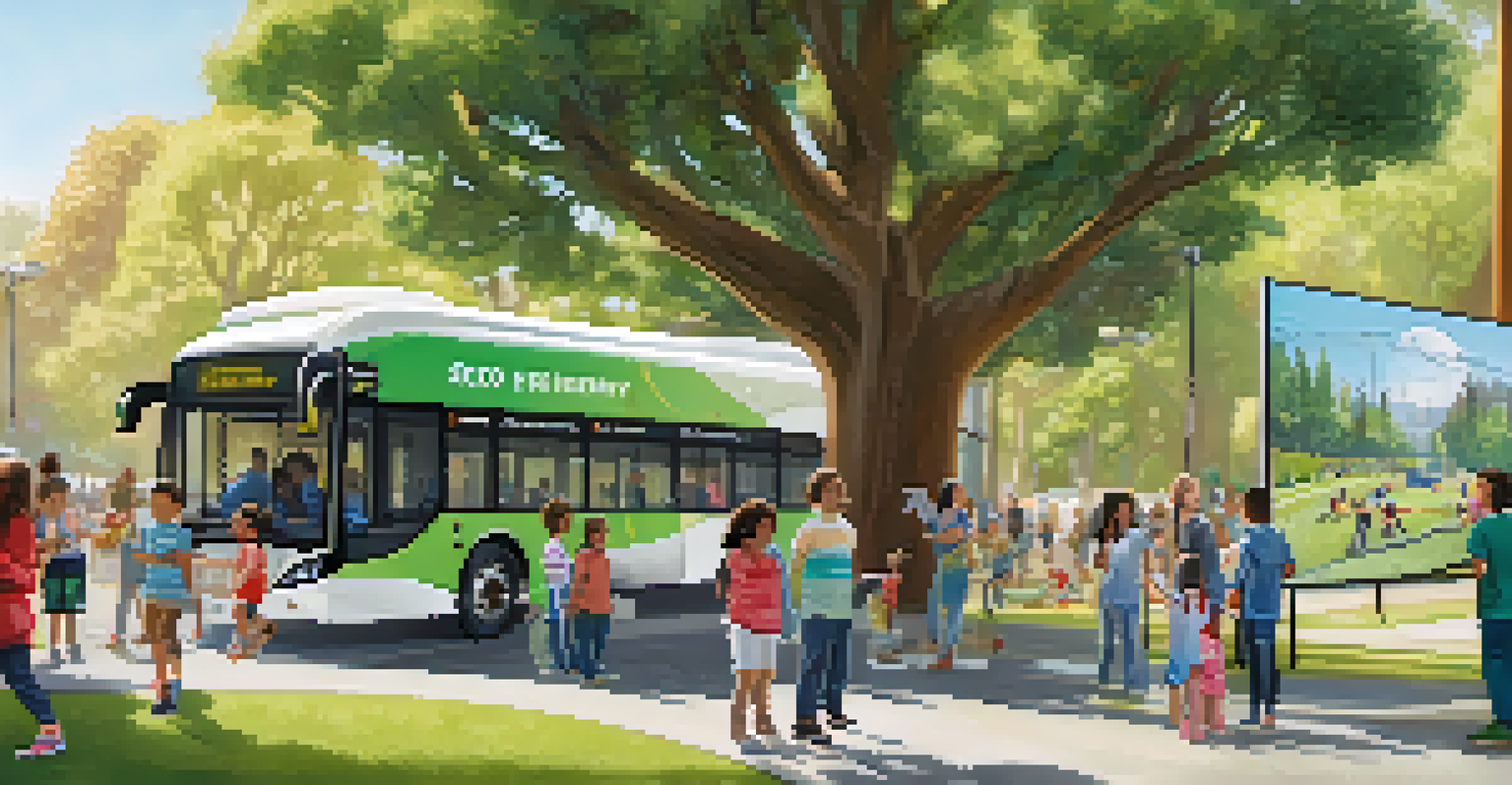 A community event in a park with residents learning about electric buses, a banner promoting eco-friendly transit is visible.