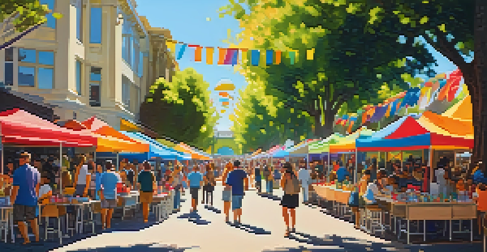 A lively outdoor art festival with people admiring colorful art installations and local artists interacting with attendees under a sunny sky.