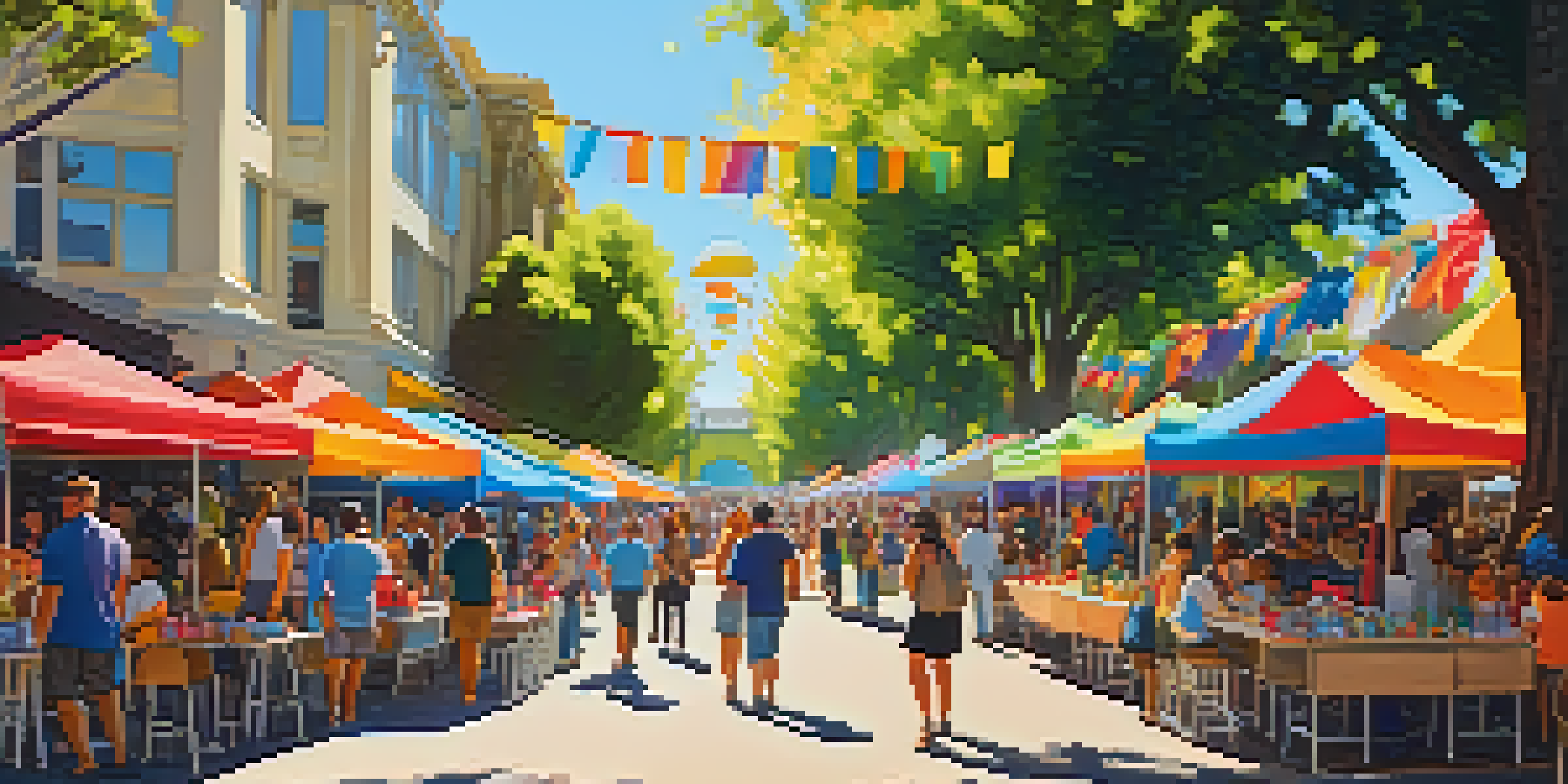 A lively outdoor art festival with people admiring colorful art installations and local artists interacting with attendees under a sunny sky.