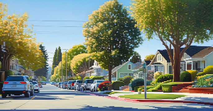 A vibrant neighborhood in Redwood City with a mix of older homes and modern buildings, tree-lined streets, and families outdoors in bright sunlight.
