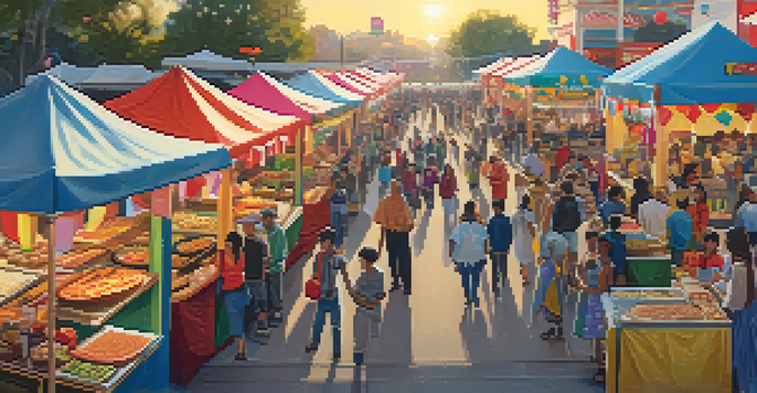 A bustling food festival in Redwood City with diverse food stalls and people enjoying various cuisines, decorated with colorful banners and a warm sunset.