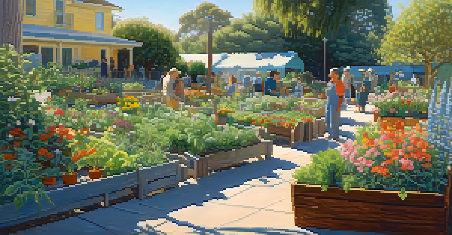 A community garden in Redwood City with residents gardening together, surrounded by blooming flowers and vegetables.