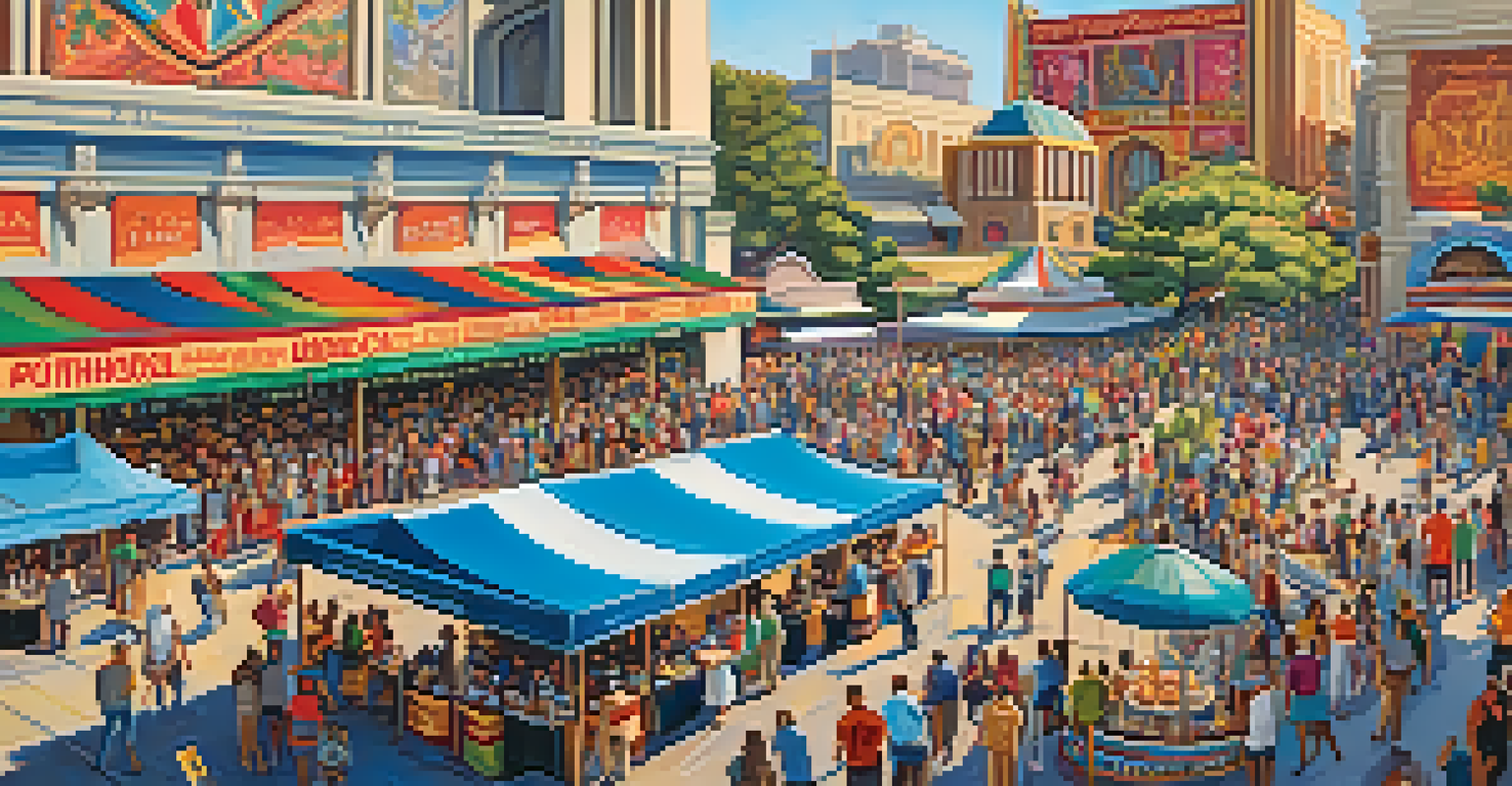 An outdoor festival in Redwood City with colorful decorations, food stalls, and people enjoying live music.