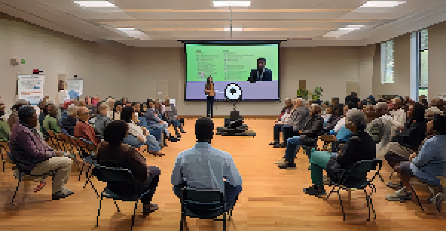 Residents participating in a town hall meeting discussing environmental justice with a projector displaying statistics.