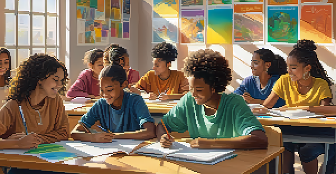 A lively classroom with diverse students working together on a project, surrounded by educational materials and natural light.