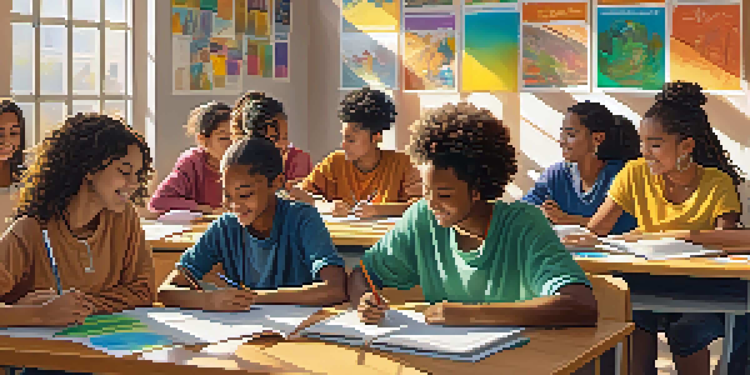 A lively classroom with diverse students working together on a project, surrounded by educational materials and natural light.