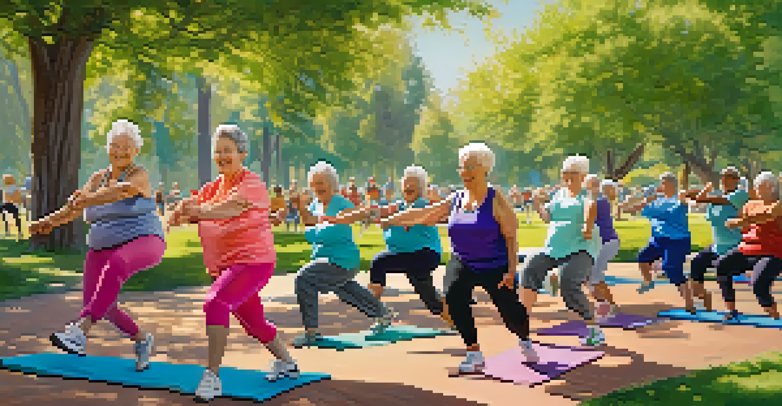 Seniors participating in an outdoor exercise class, surrounded by nature in a sunny park.