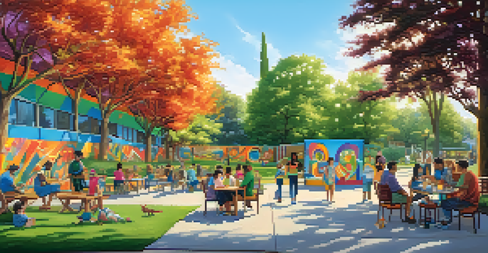 A public park in Redwood City with a colorful mural and diverse residents enjoying the day.