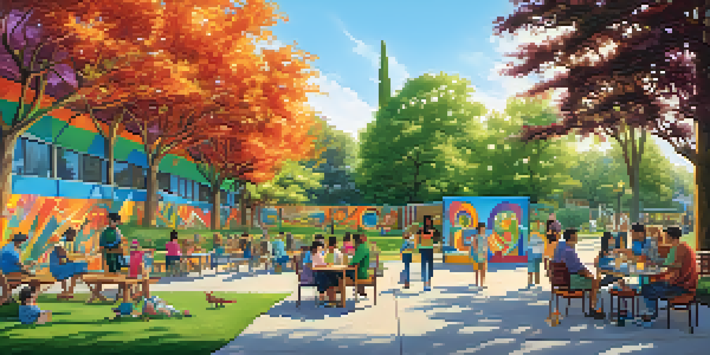A public park in Redwood City with a colorful mural and diverse residents enjoying the day.