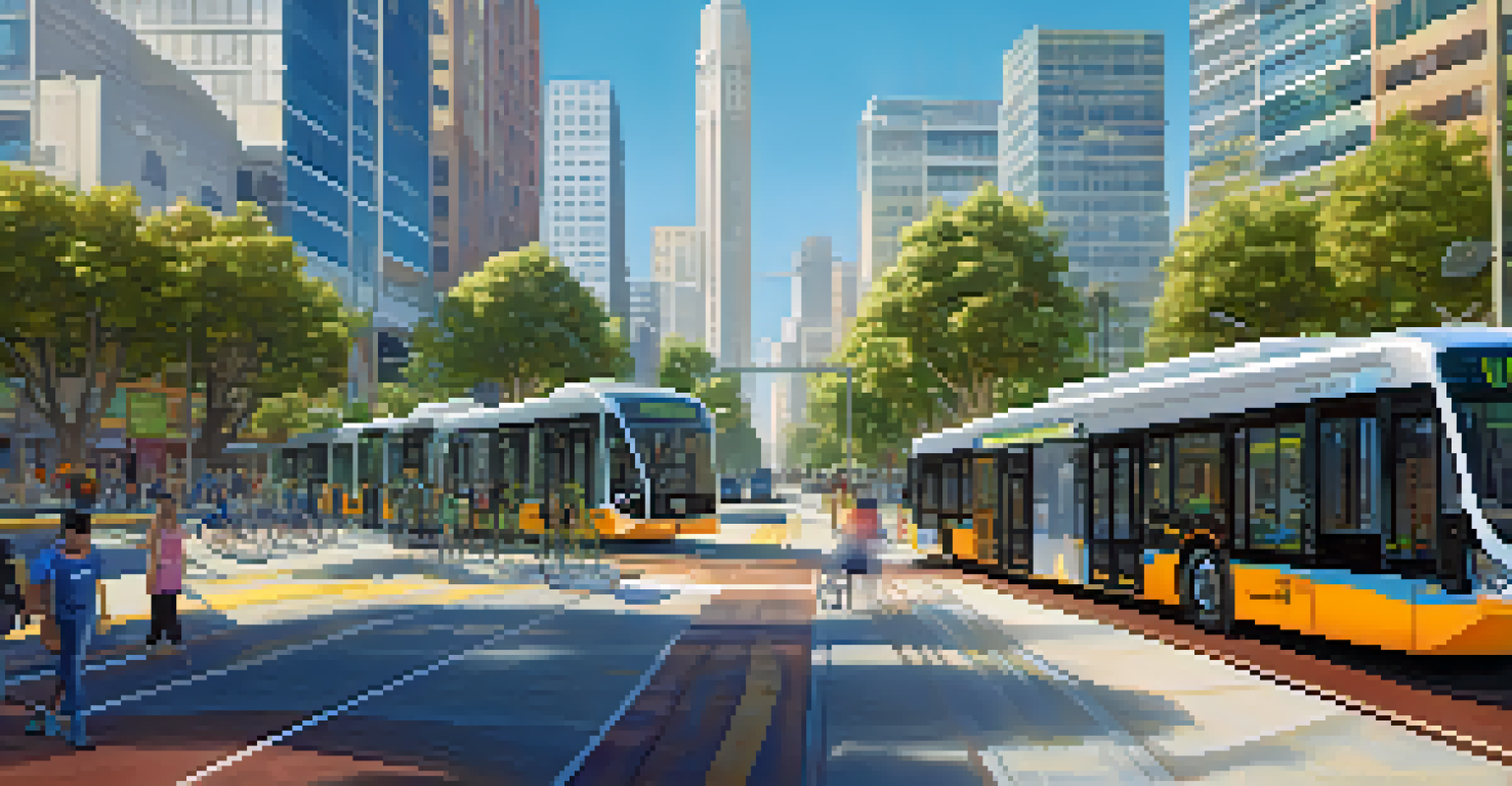 A futuristic view of Redwood City's transportation system with electric buses, bicycles, and digital transit updates surrounded by green spaces.