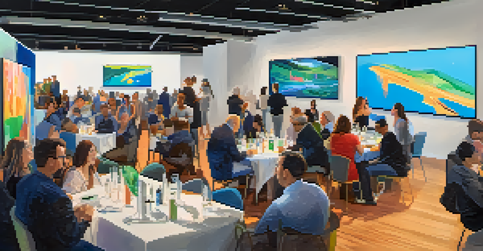 A networking event in Redwood City with attendees discussing innovations and tech products at tables.