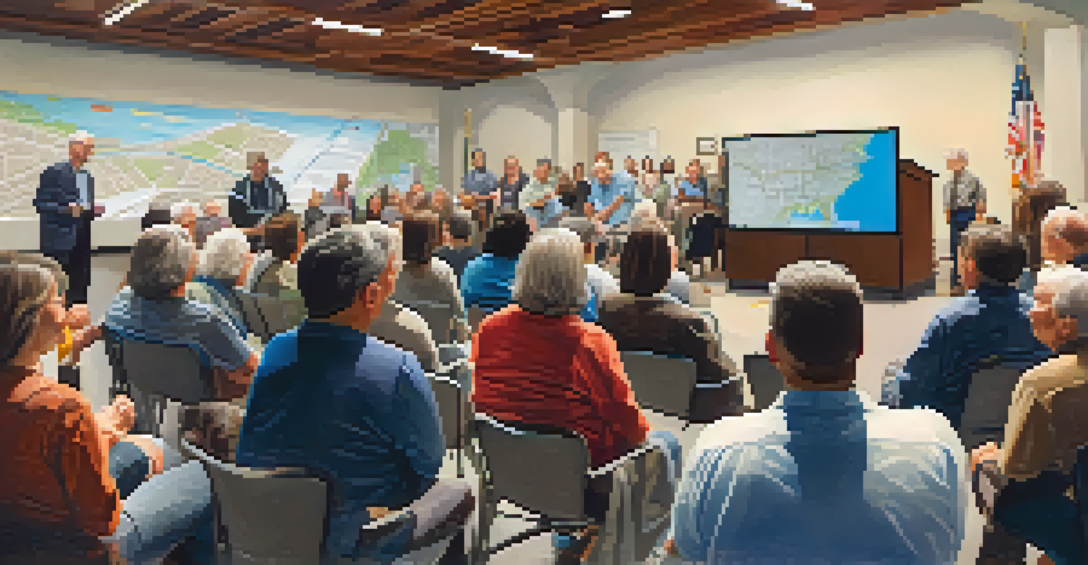 A community town hall meeting in Redwood City with residents discussing transport initiatives and a map displayed.
