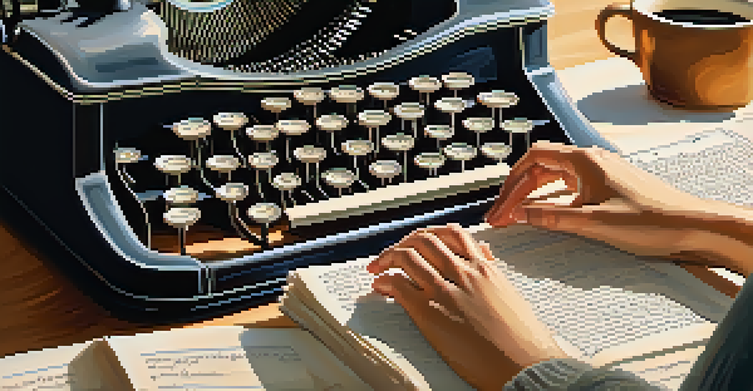 A close-up of a writer's hands typing on a vintage typewriter, with handwritten notes and a cup of coffee in a sunlit workspace.