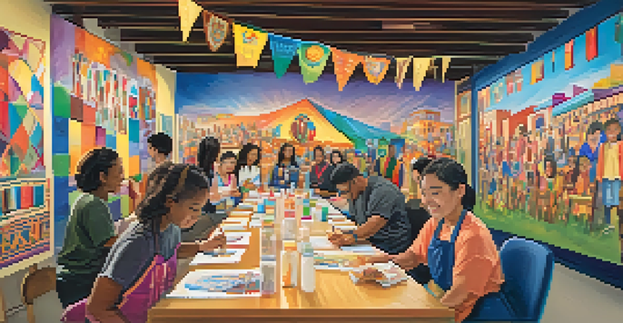 A lively workshop with diverse participants creating a mural in Redwood City, surrounded by cultural banners and art supplies.